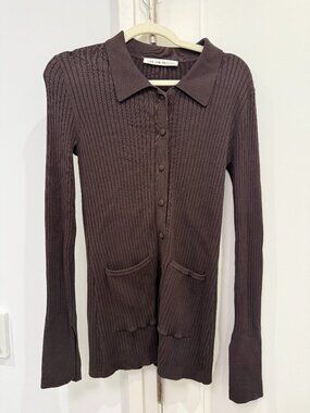 Live The Process Brown Ribbed Knit Polo Collar Cardigan Size S
